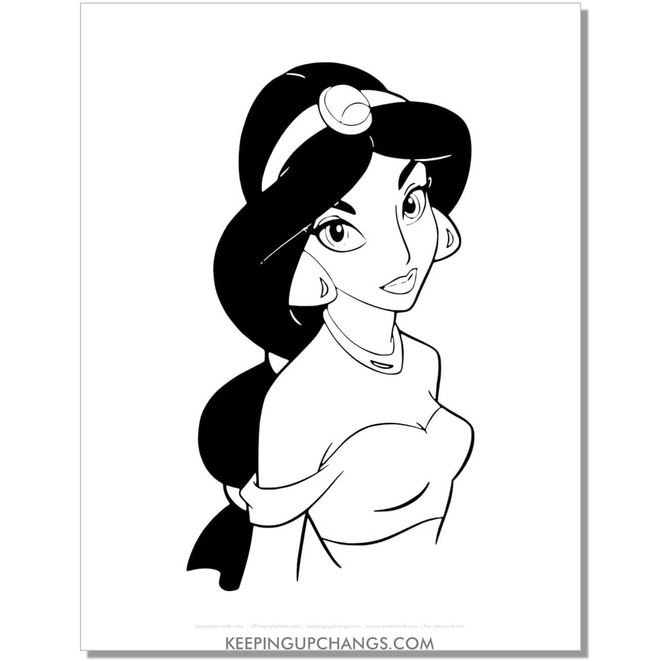 jasmine upper body profile coloring page, sheet.