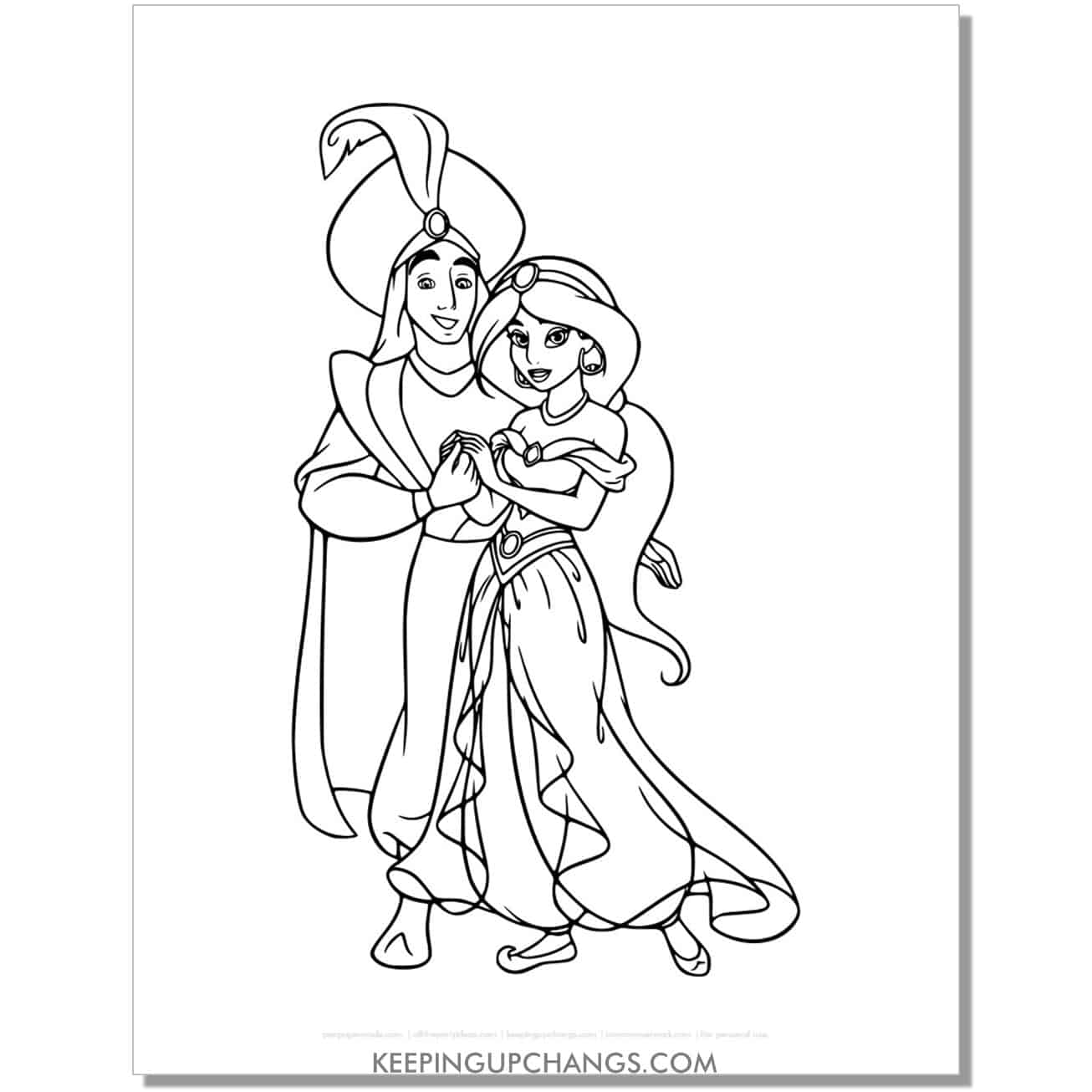 jasmine posing with prince ali coloring page, sheet.