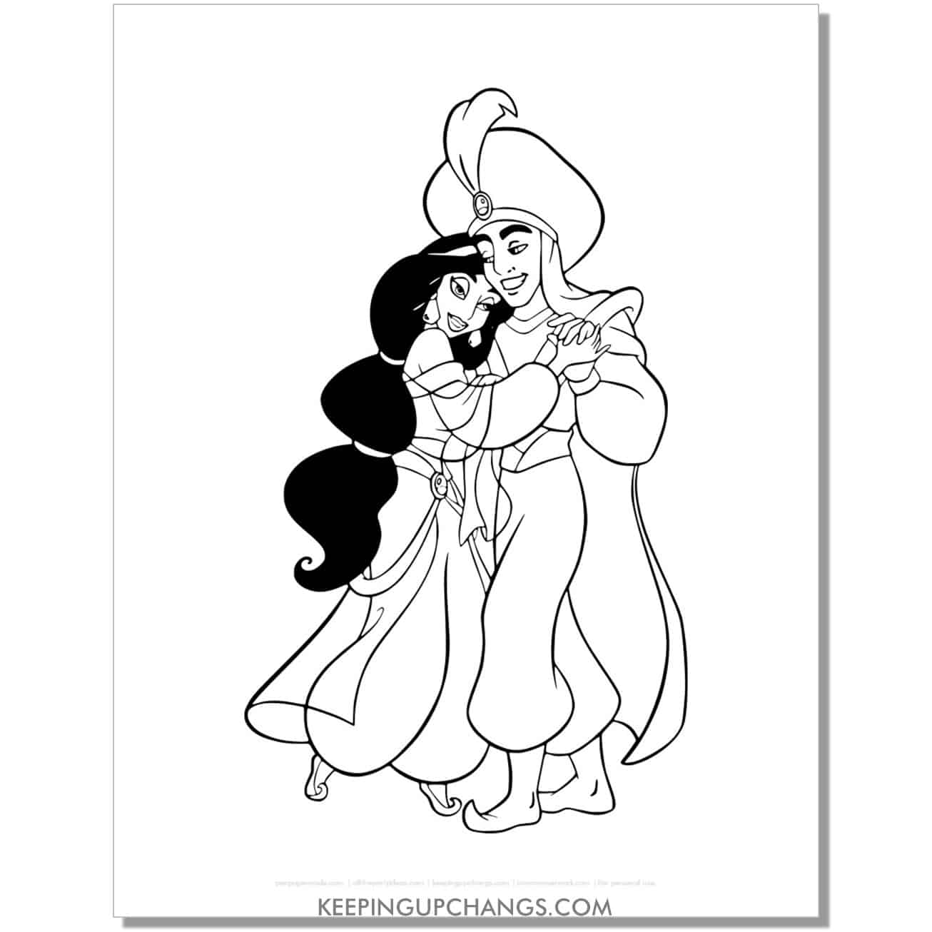 jasmine hugging prince ali coloring page, sheet.