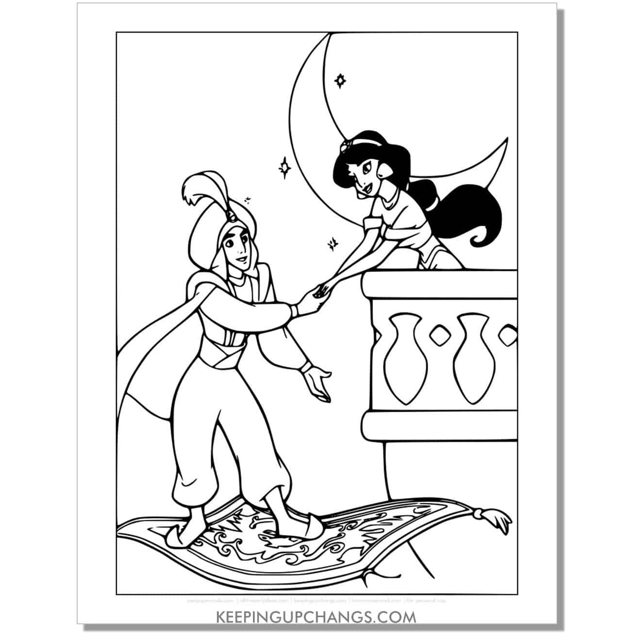 jasmine and aladdin at balcony with magic carpet coloring page, sheet.