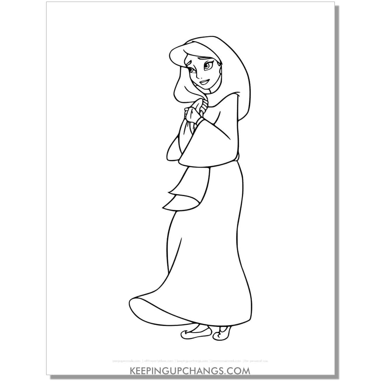 jasmine with head covering as civilian coloring page, sheet.