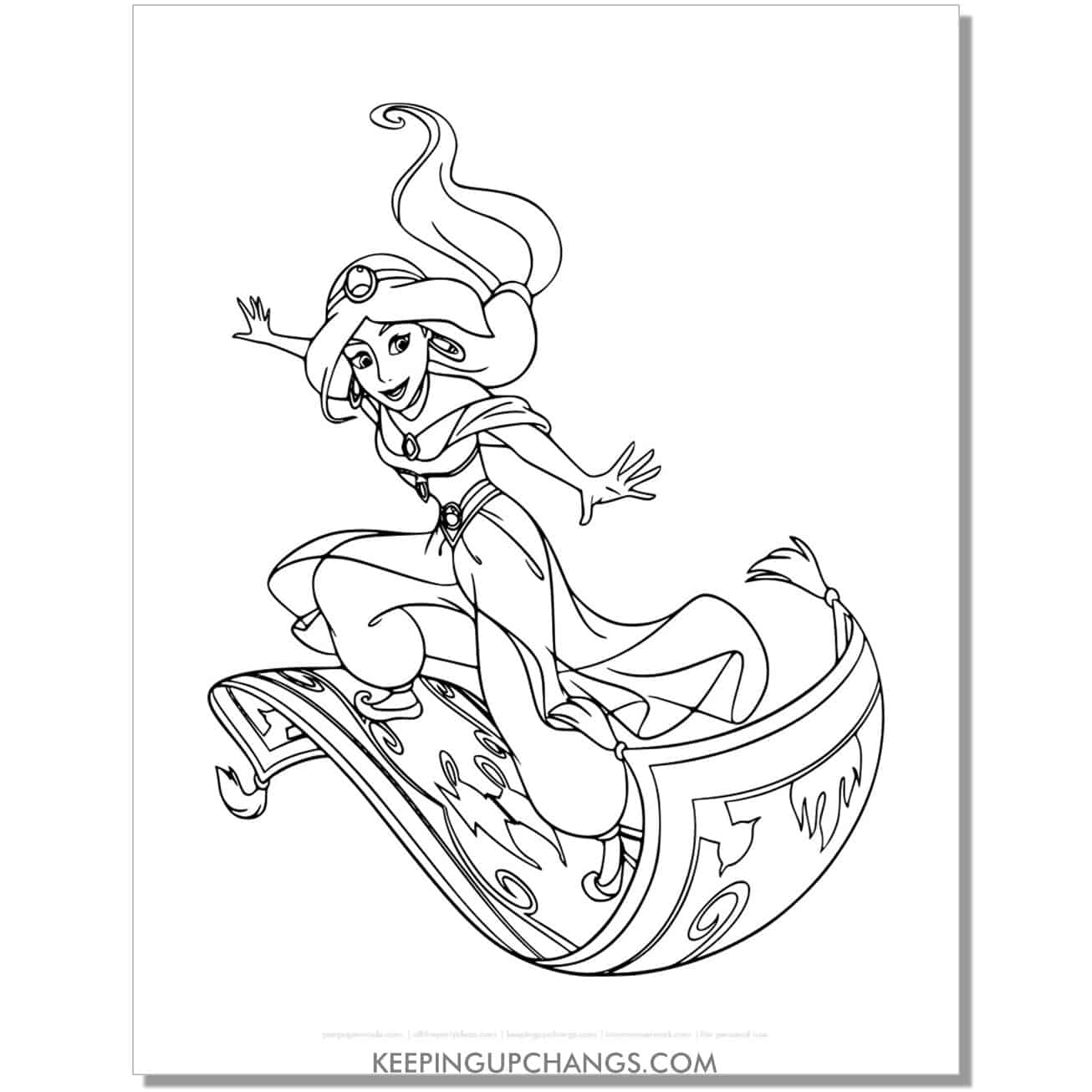 jasmine surfing on flying carpet coloring page, sheet.