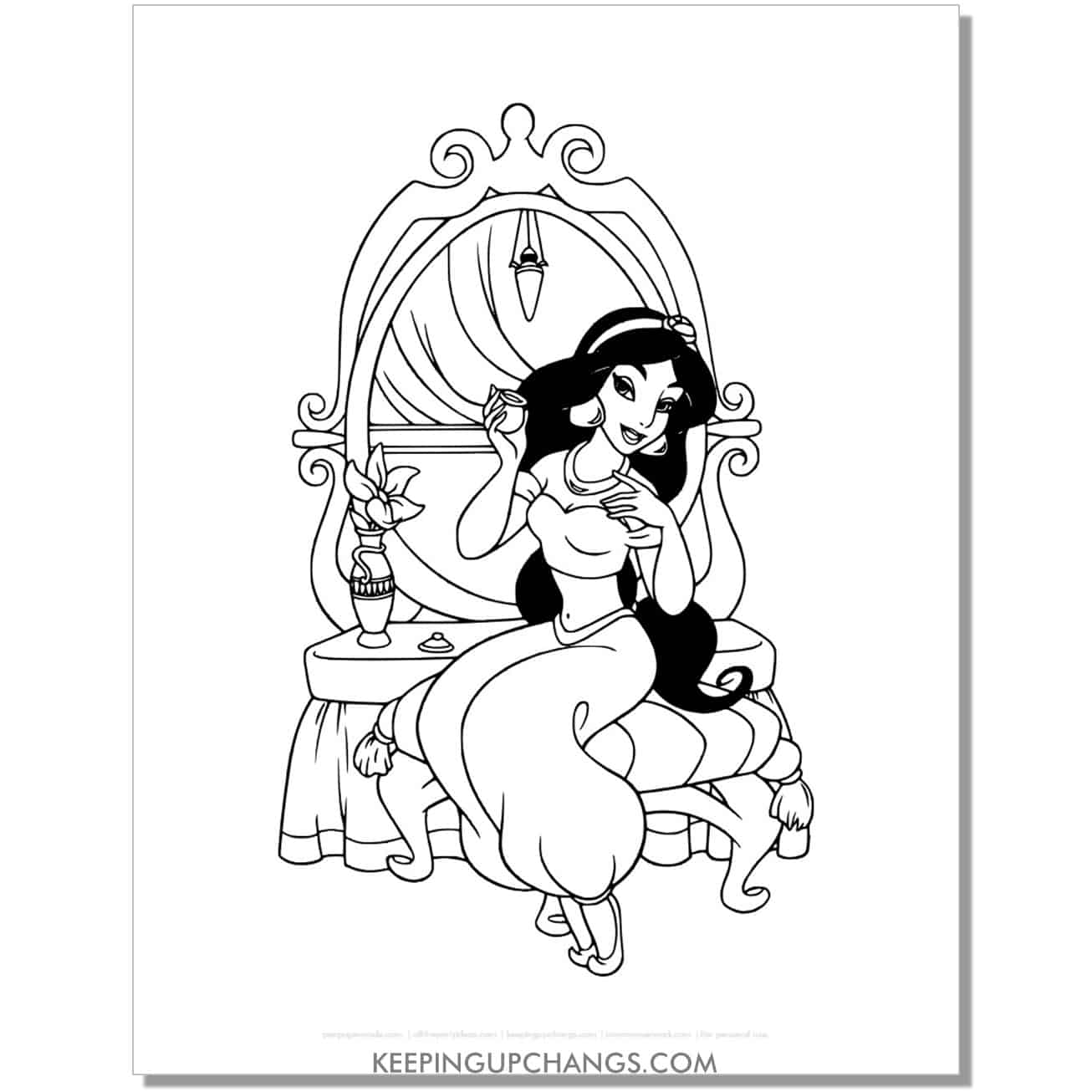 jasmine in bathroom vanity coloring page, sheet.