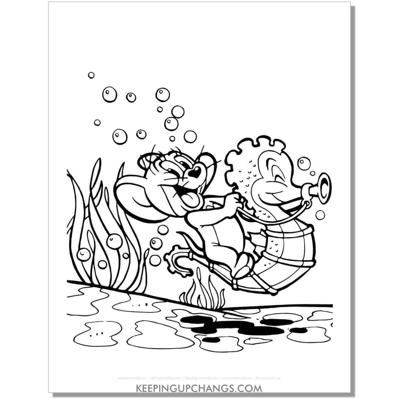 free jerry riding seahorse underwater coloring page.