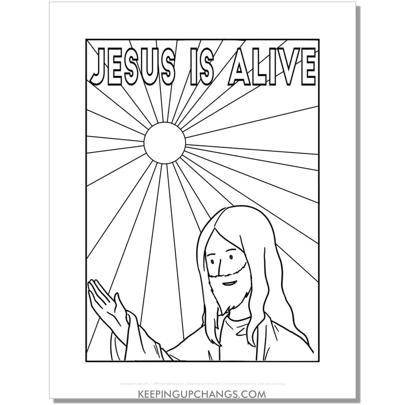 jesus is alive with sun shining light religious easter coloring page, sheet