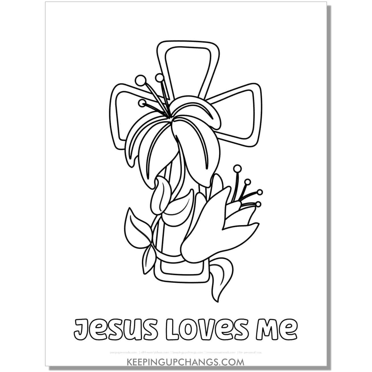 jesus loves me church cross wrapped with lily religious easter coloring page, sheet