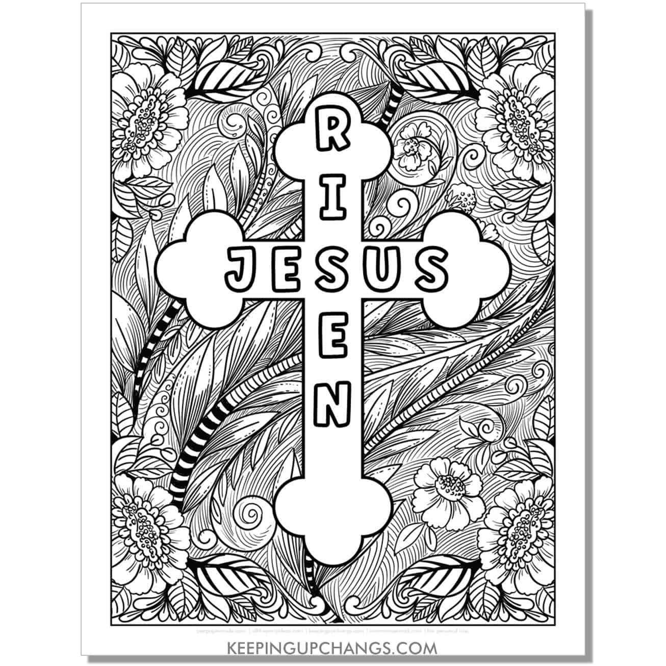 jesus and risen written within cross, religious easter coloring page, sheet