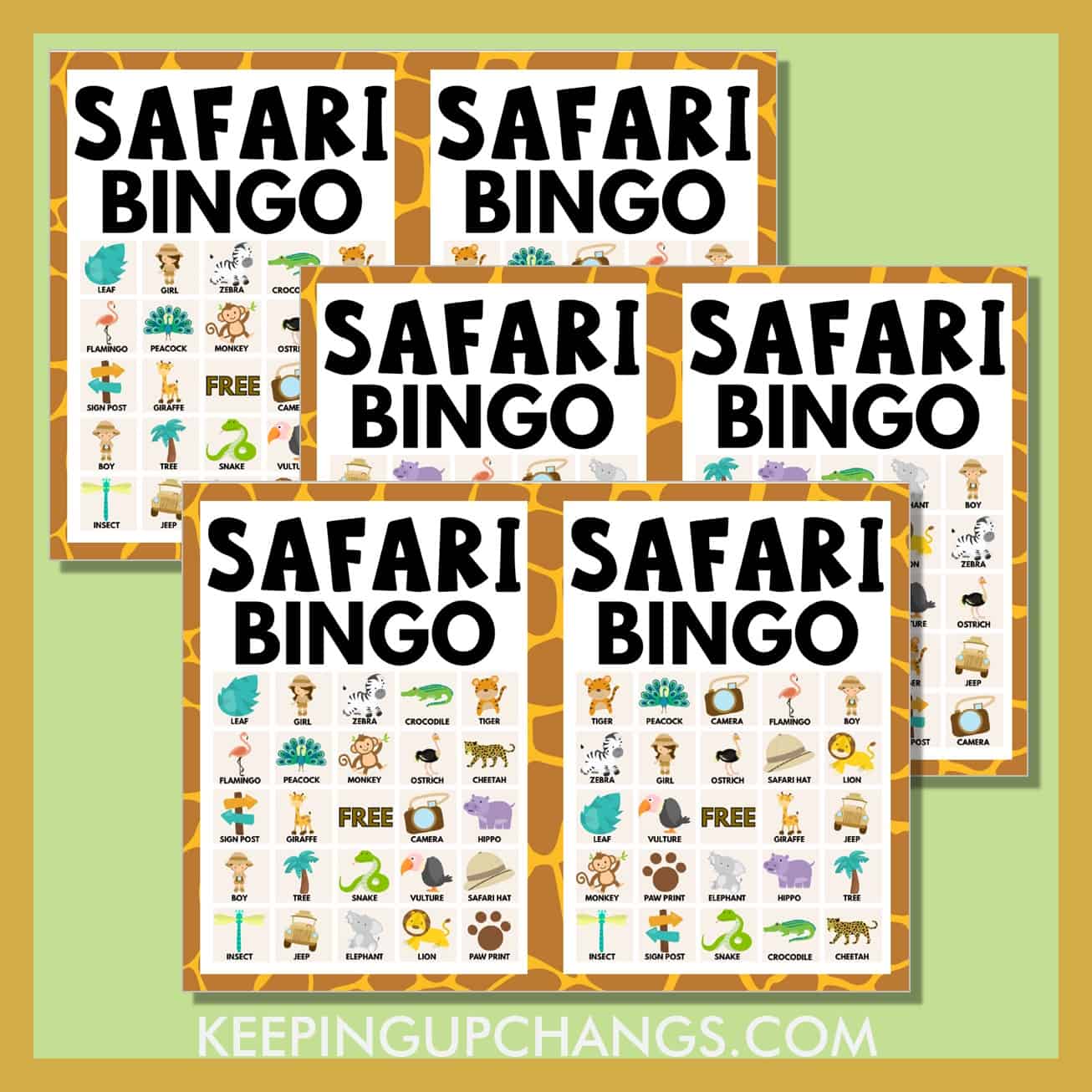 free safari bingo 5x5 game cards.