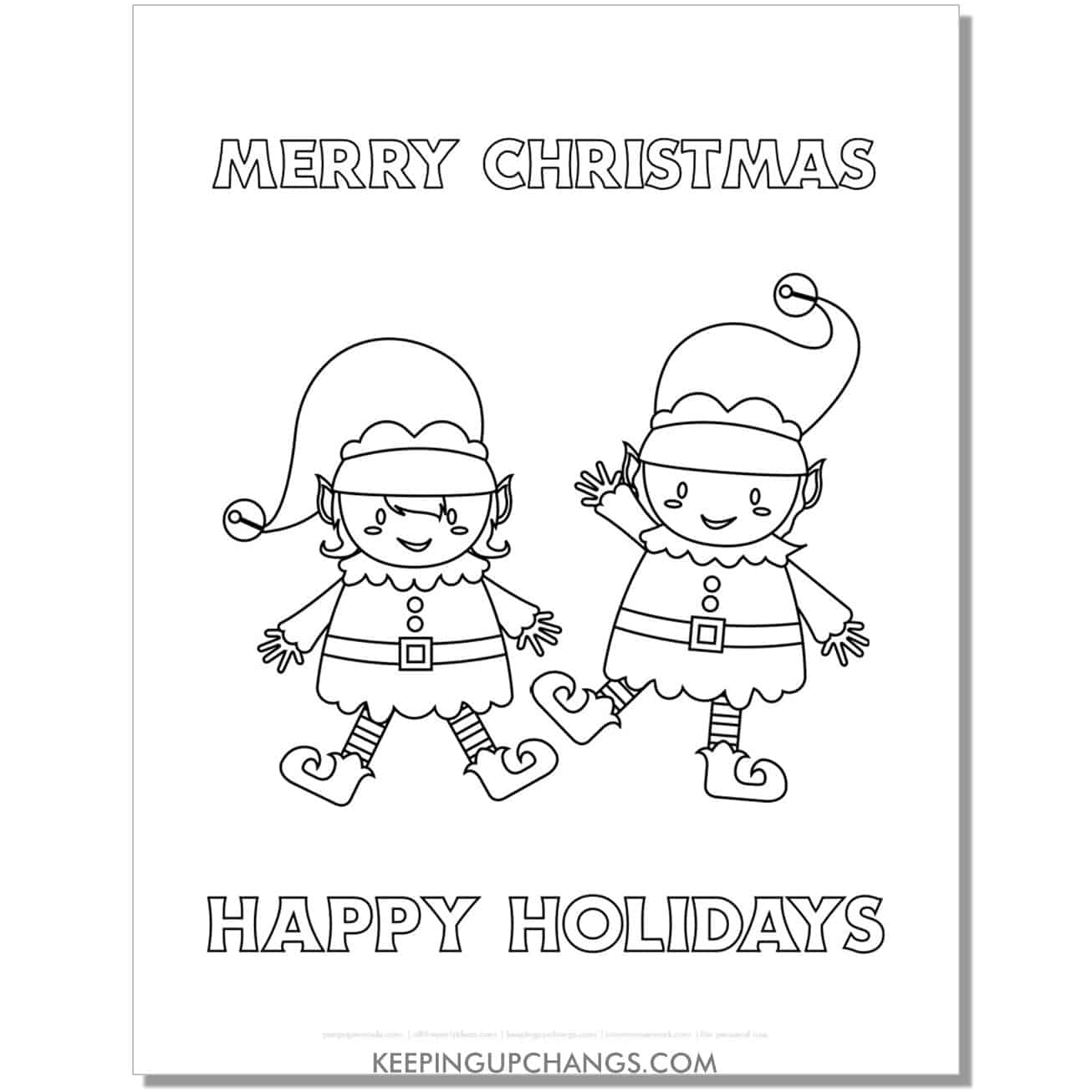 free merry christmas, happy holidays irish girl, boy elf coloring page.