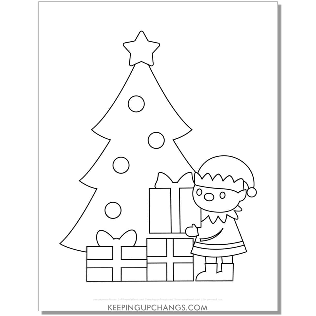 free elf putting presents under tree coloring page for toddlers.