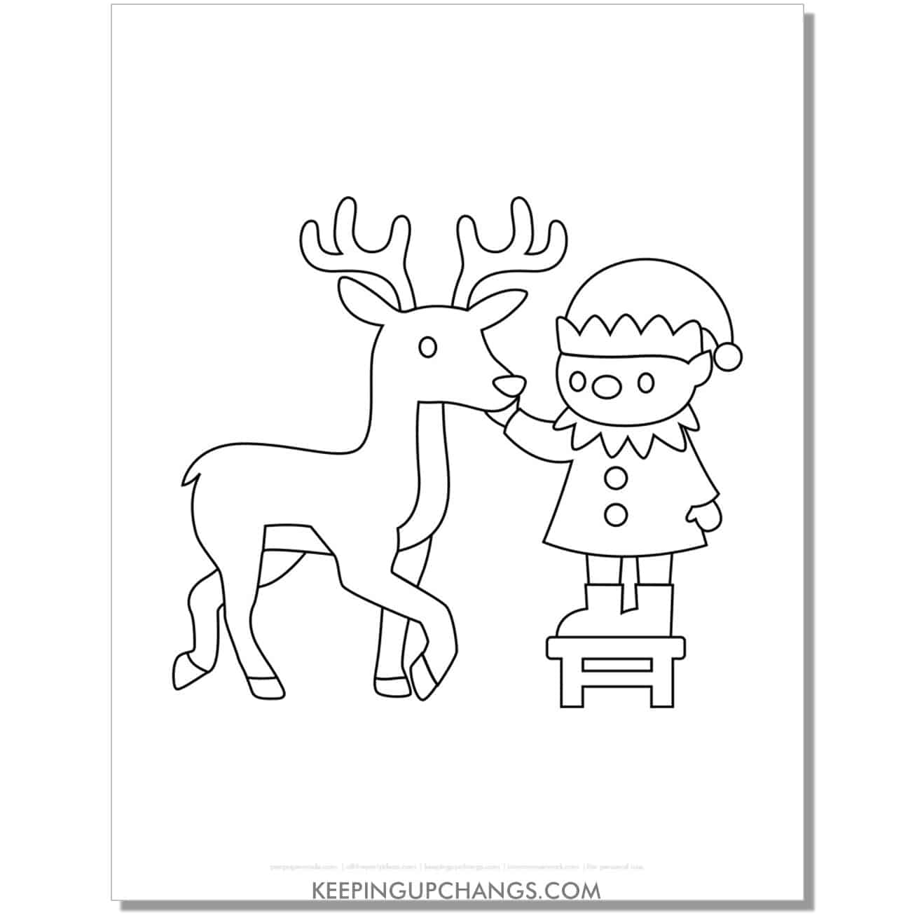 free elf and reindeer coloring page for toddlers.