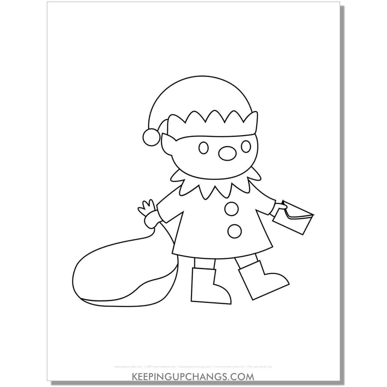 free elf carrying letters to santa coloring page for toddlers.