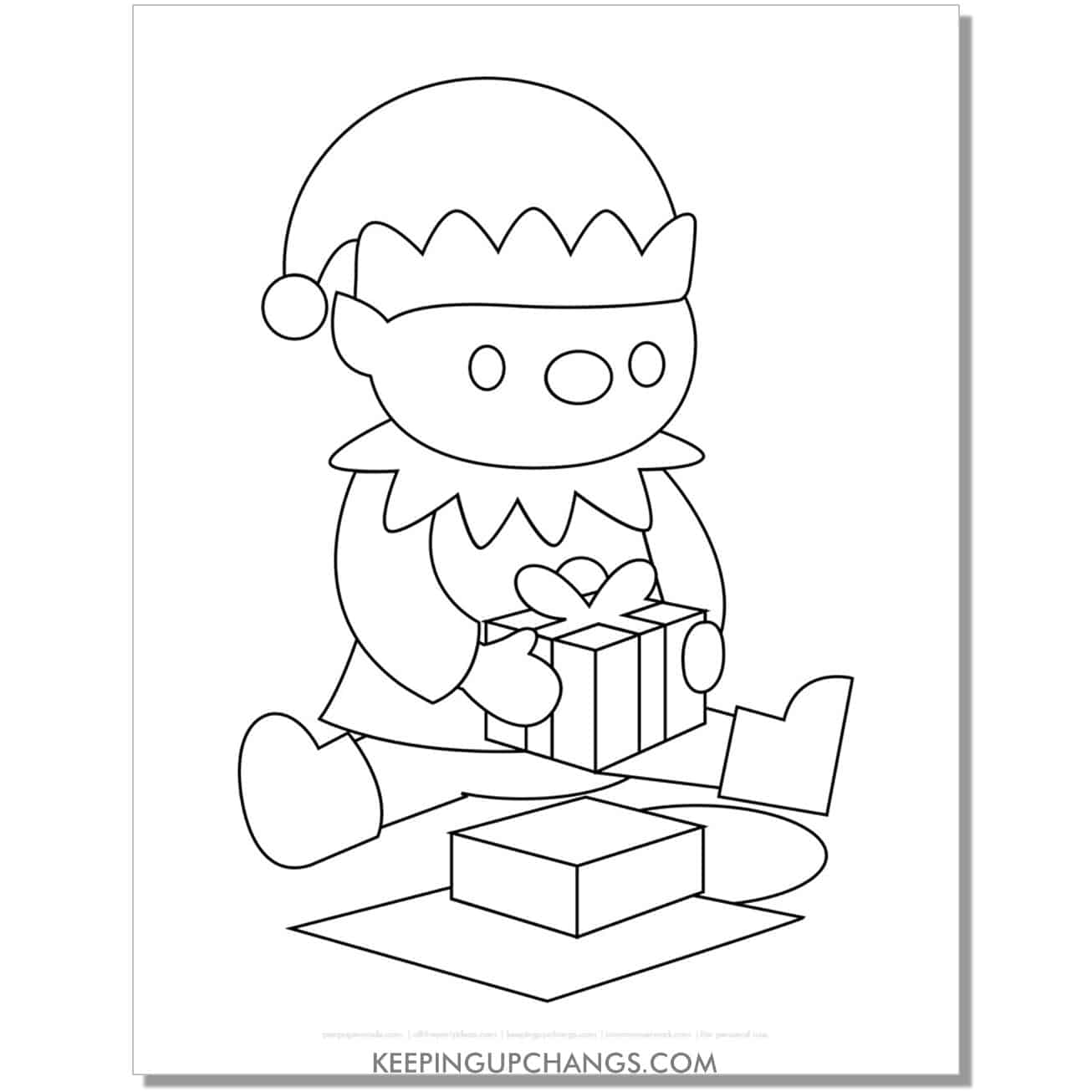free elf wrapping presents coloring page for toddlers.