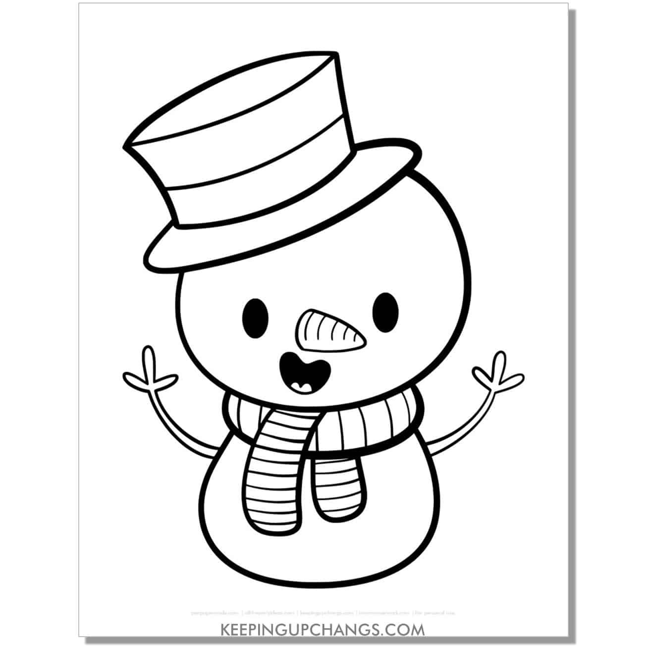 free cute snowman coloring page for toddlers, preschool, kindergarten.