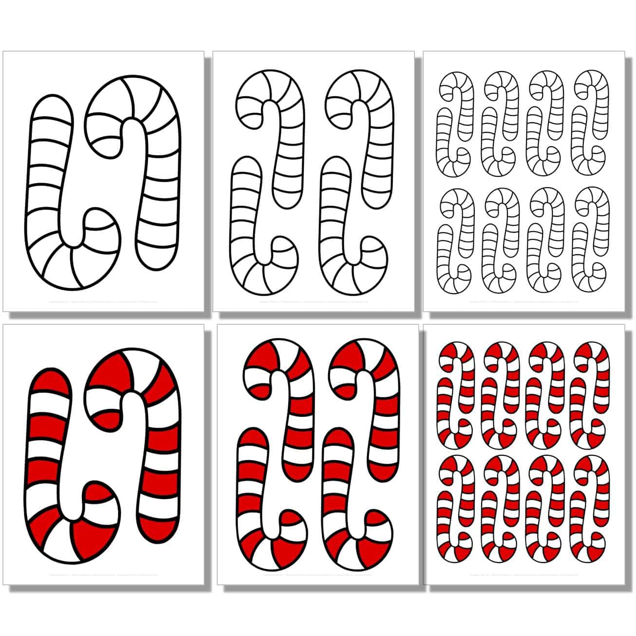 free small, medium, large fat cartoon candy cane template in black, white, color