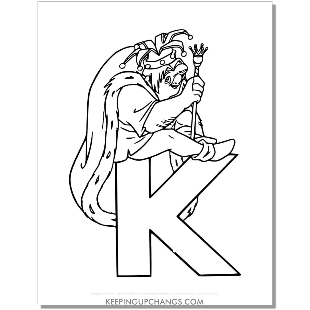 free king quasimodo alphabet k hunchback notre dame coloring page, sheet.