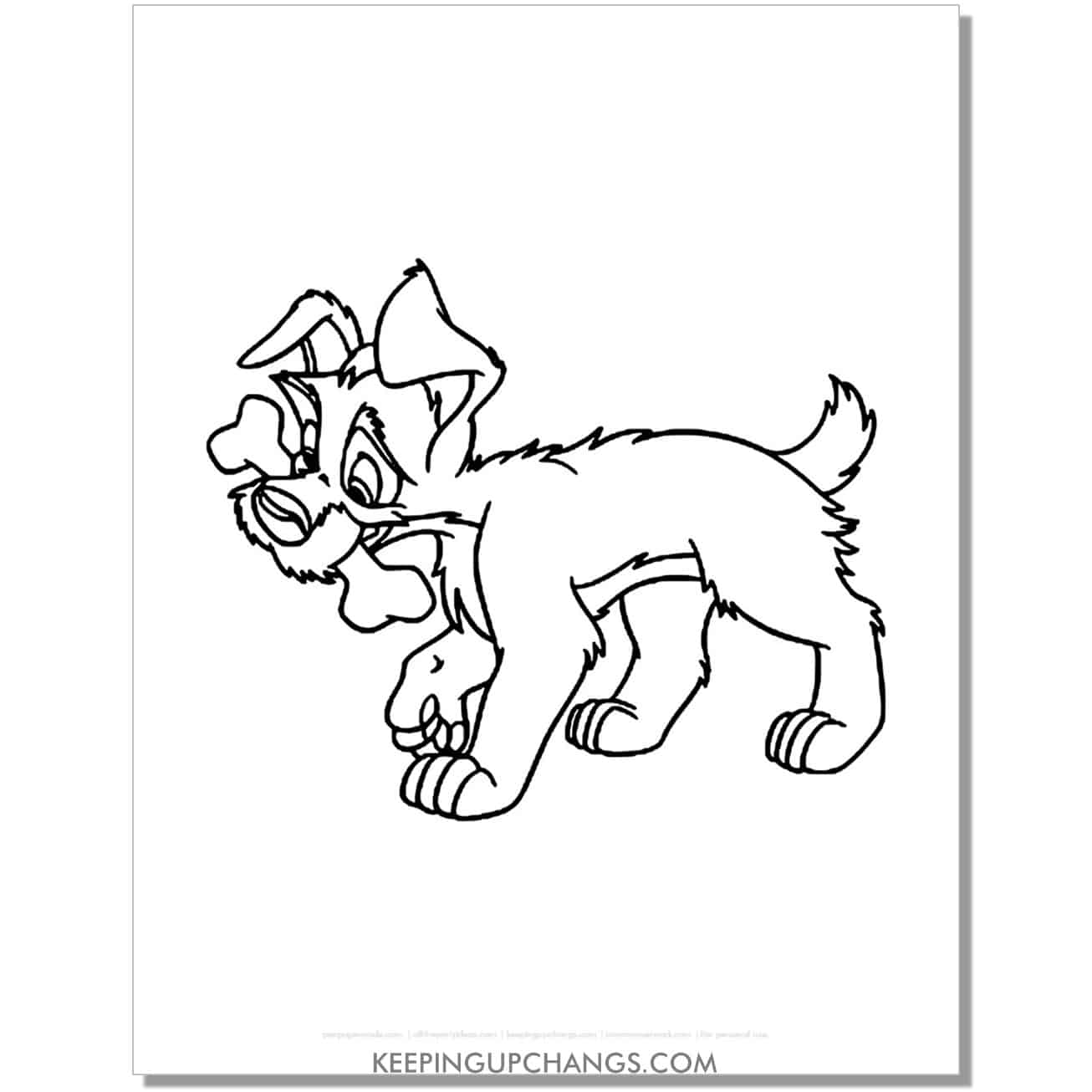 free scamp with bone from lady and the tramp coloring page, sheet.