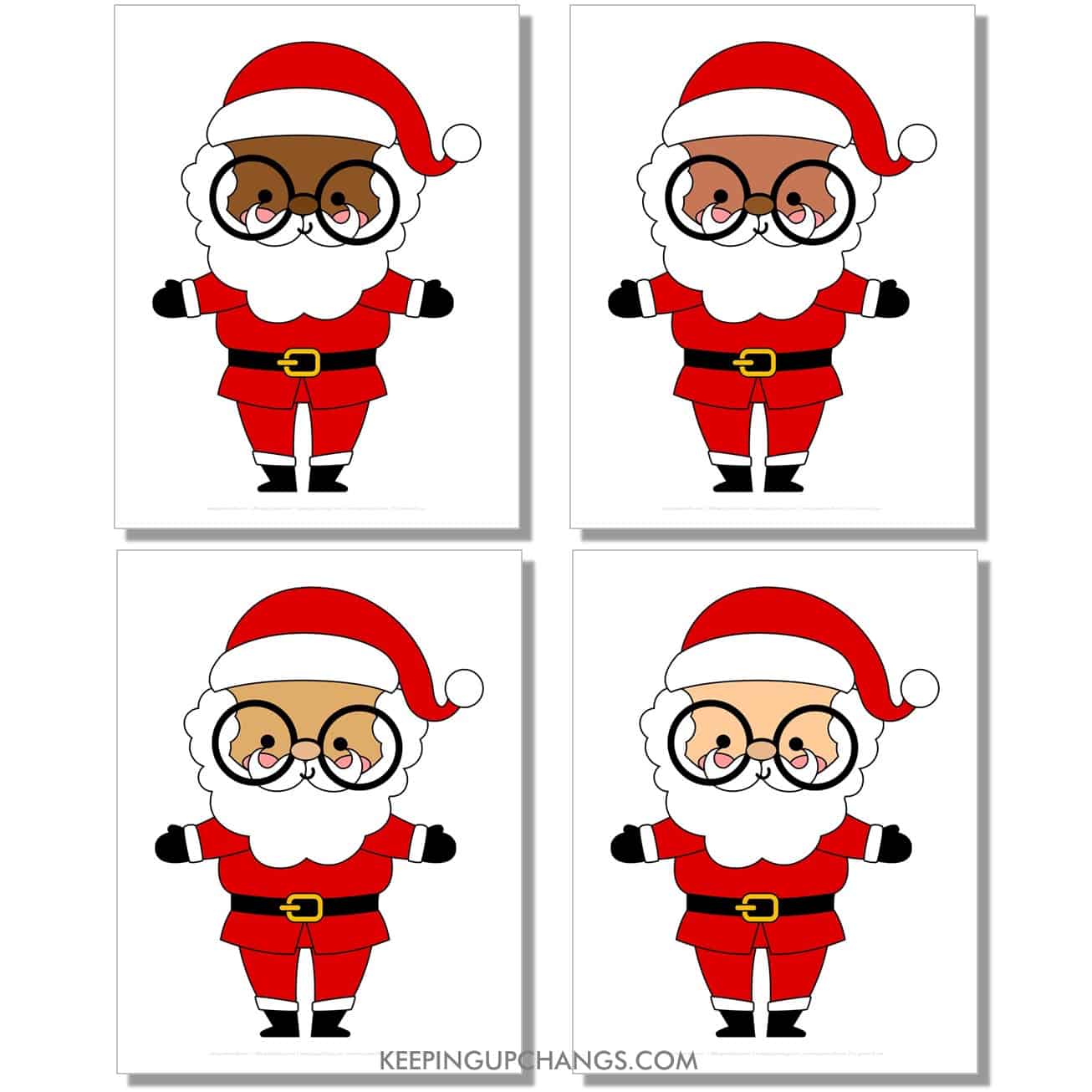 free big, large glasses santa outline, cut out template in color, red, black, white for light, medium, dark skin tones, races.