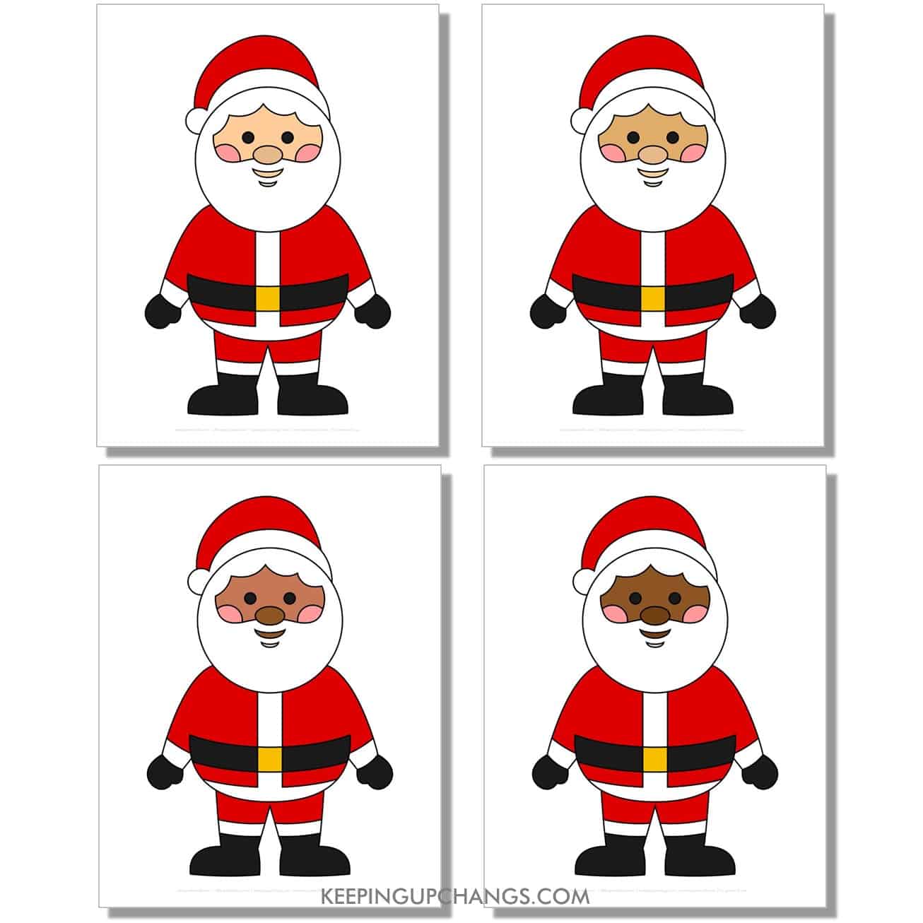 free big, large standing santa outline, cut out template in color, red, black, white for light, medium, dark skin tones, races.