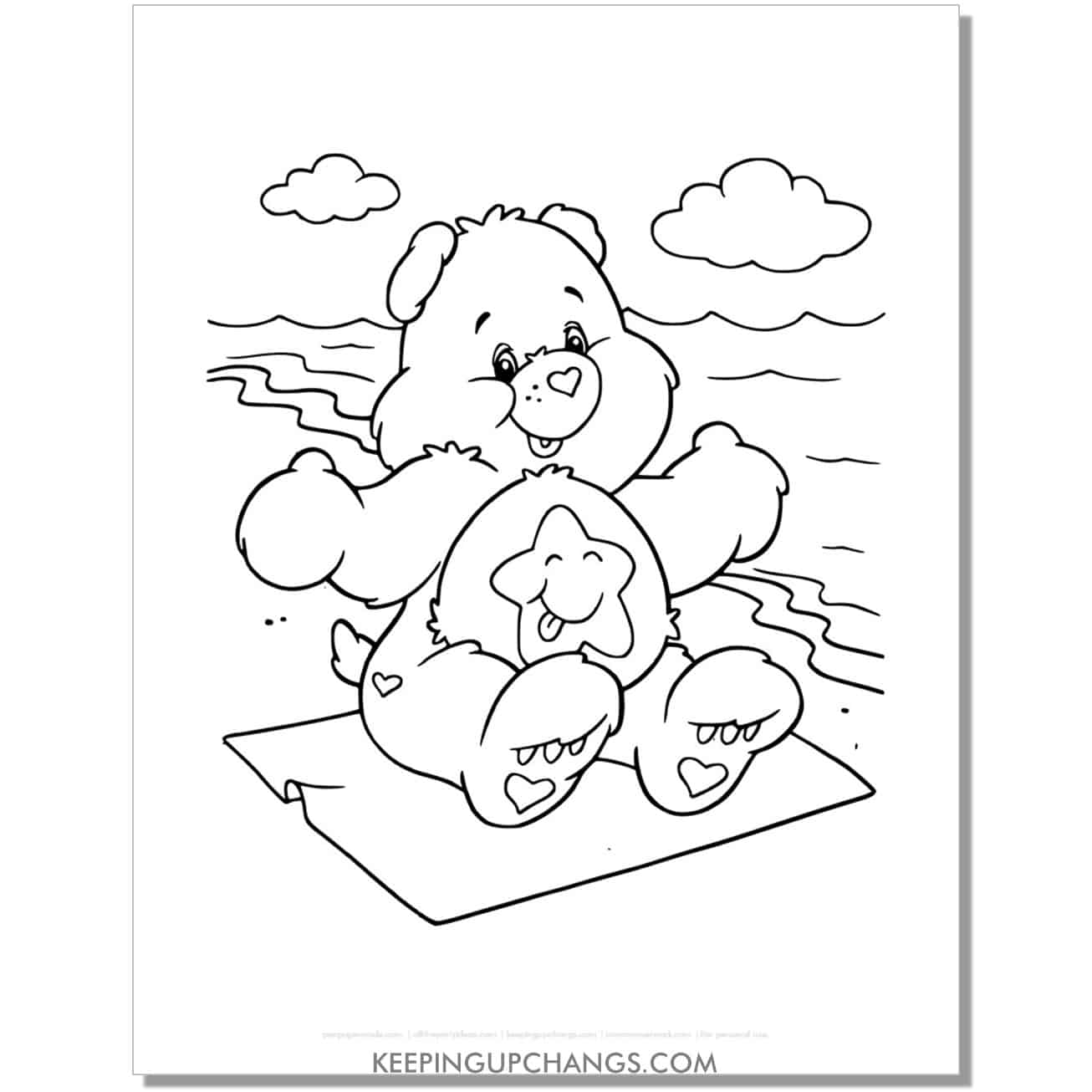 laugh a lot bear at beach care bear coloring page, sheet.