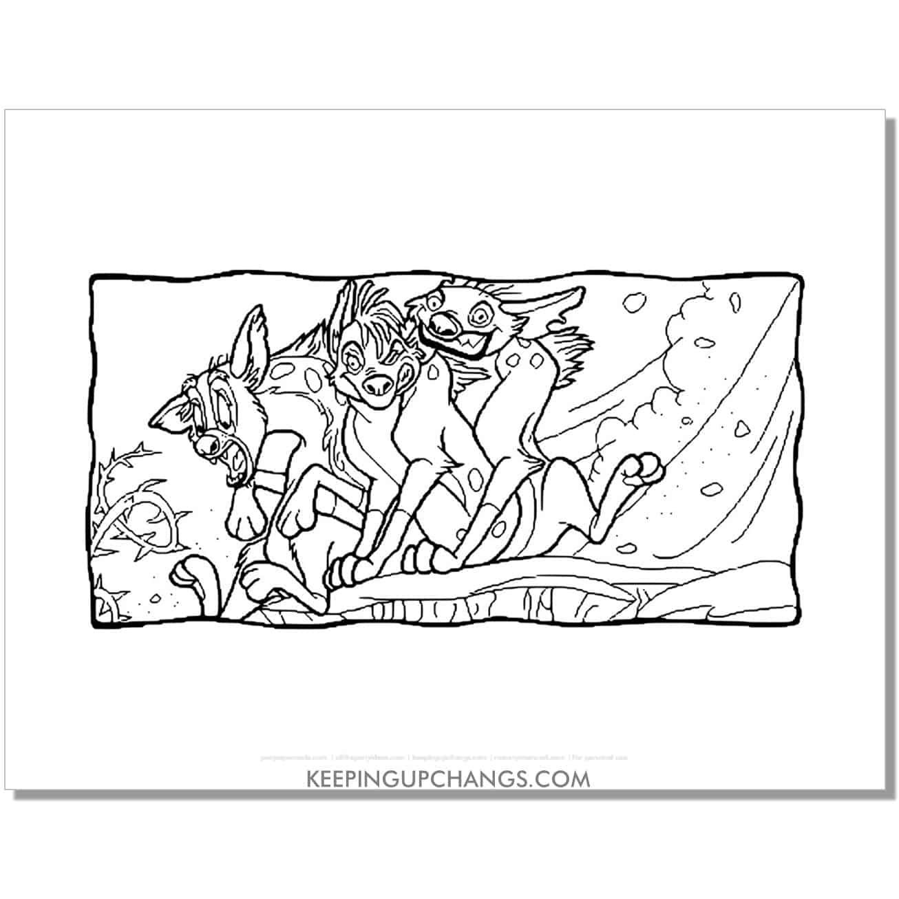 hyenas about to fall off cliff lion king coloring page, sheet.