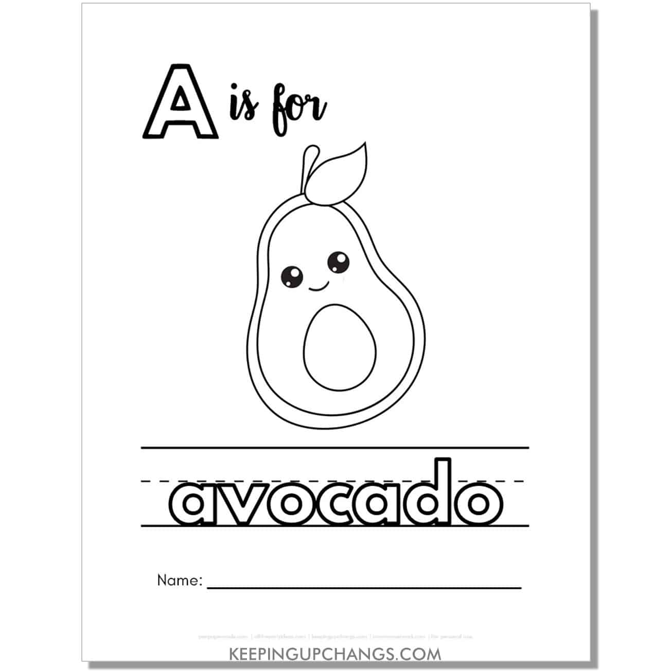 cute letter a coloring page worksheet with avocado.