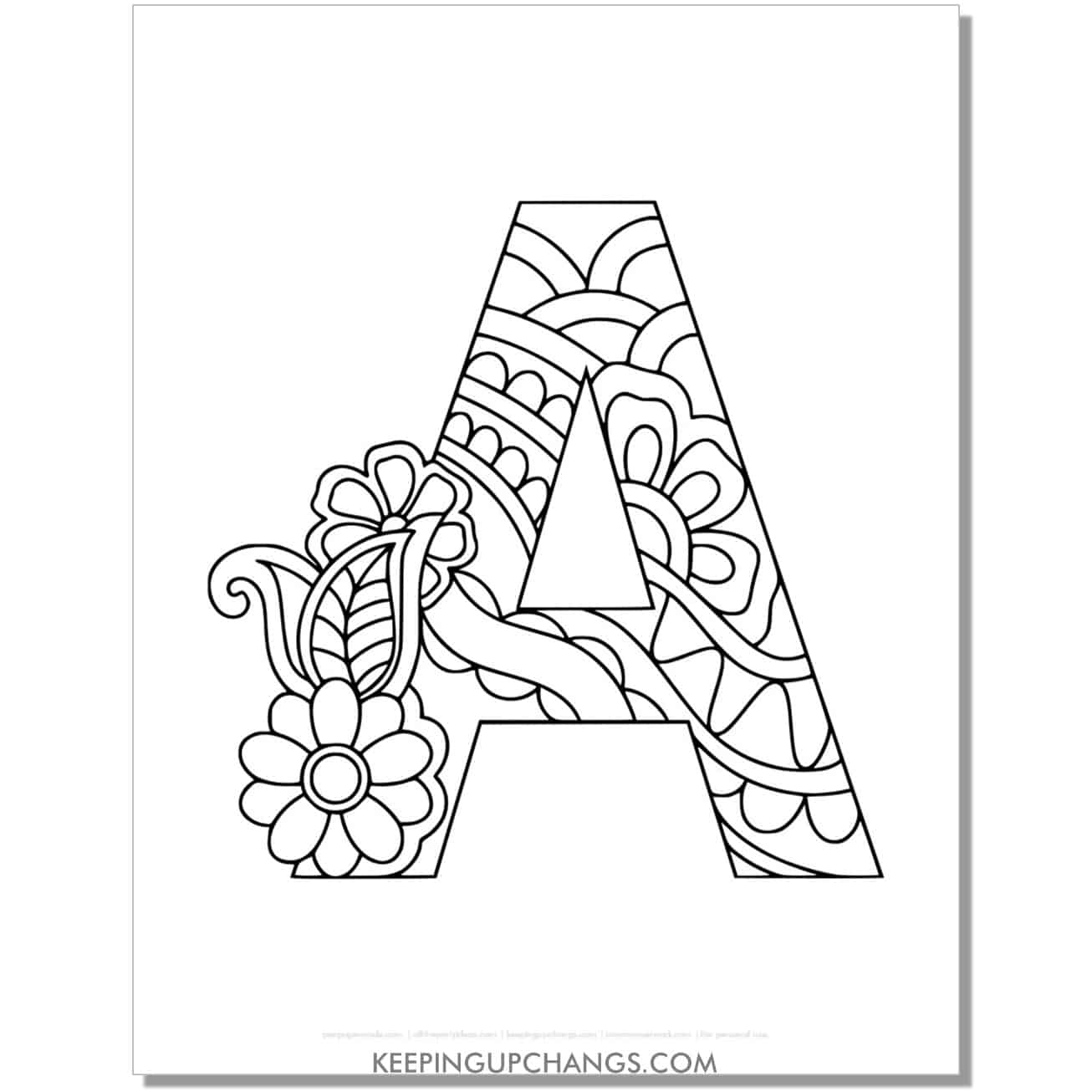 free alphabet a to color, intricate flower mandala zentangle.