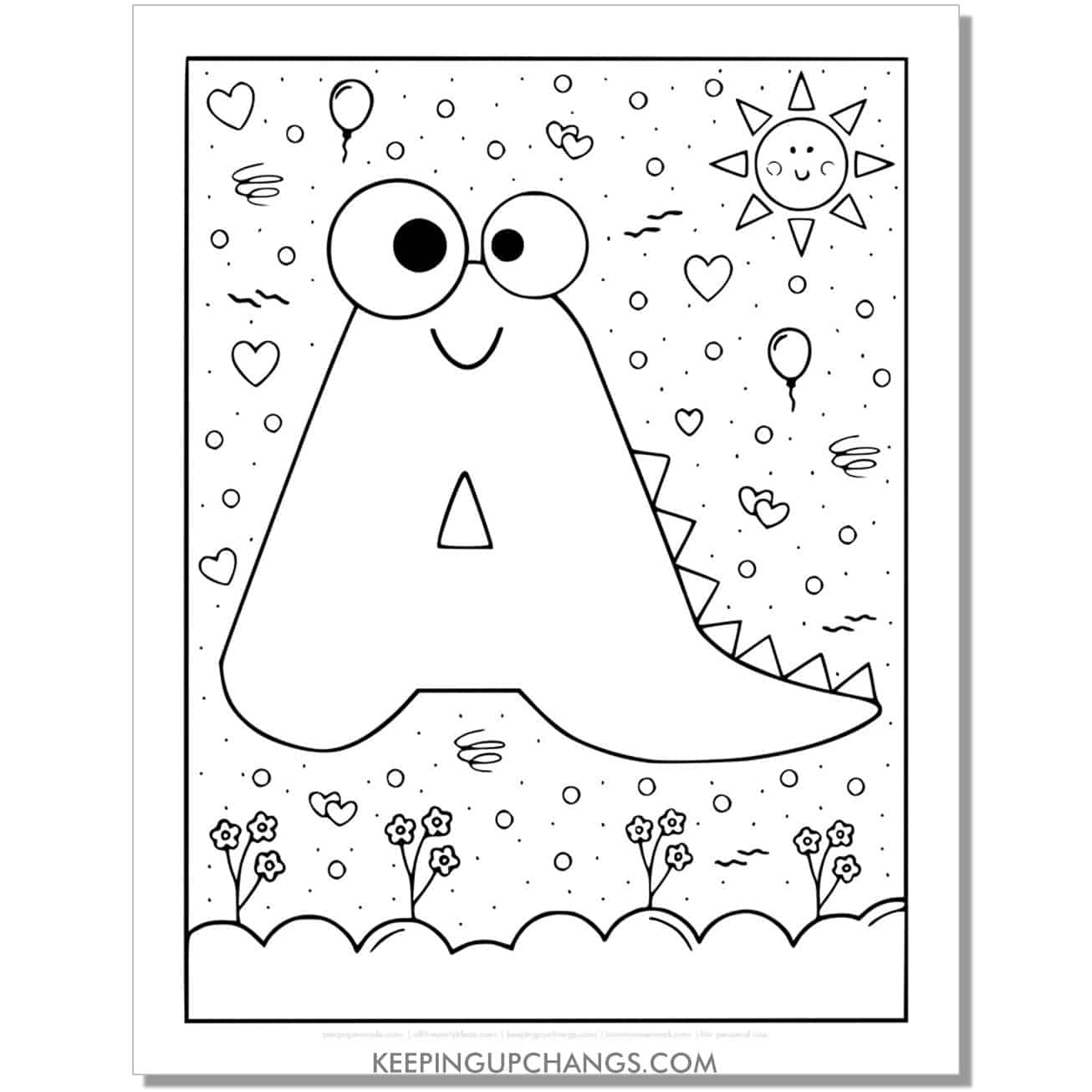 cute a coloring page with monster dinosaur letter.