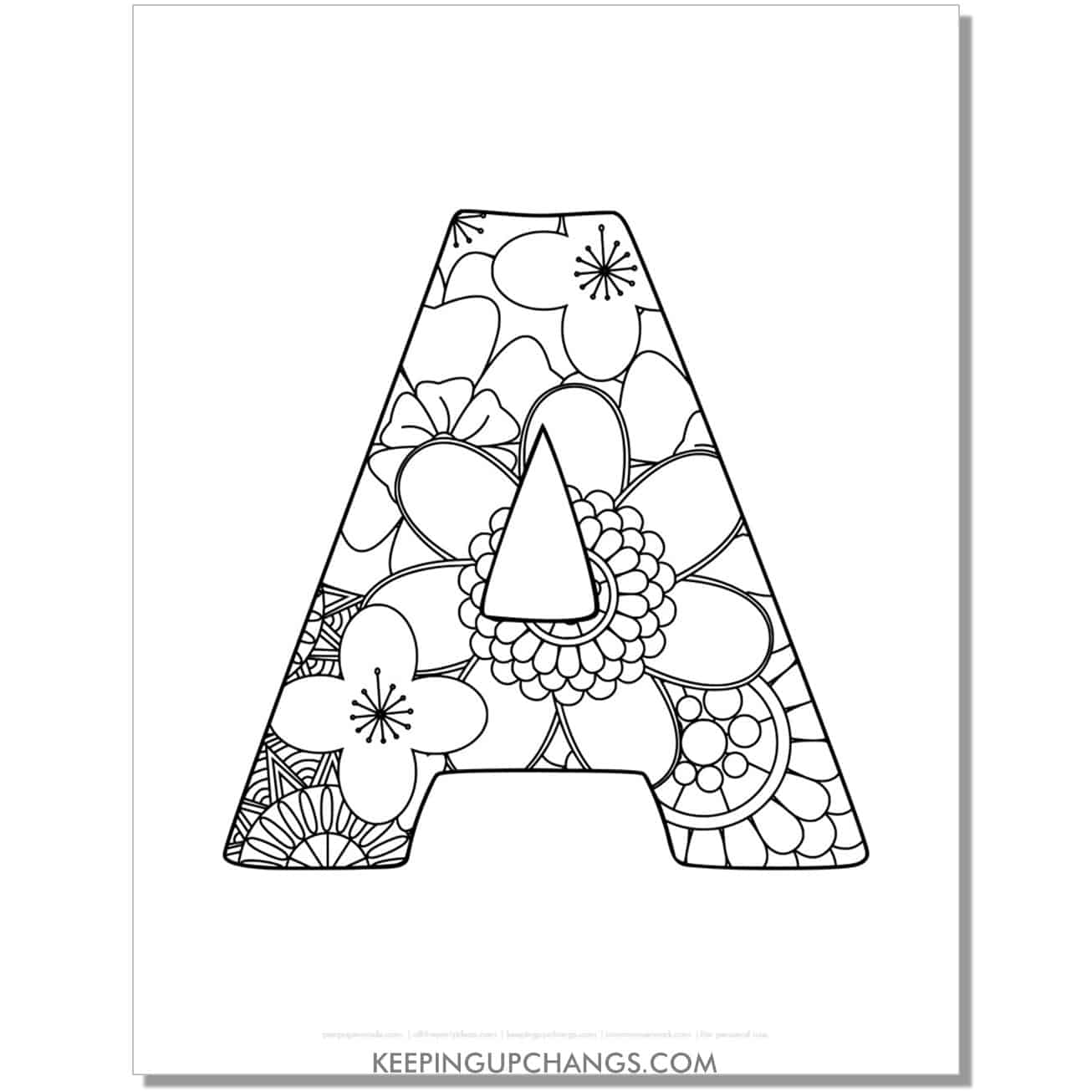 free letter a to color, complex mandala zentangle for adults.