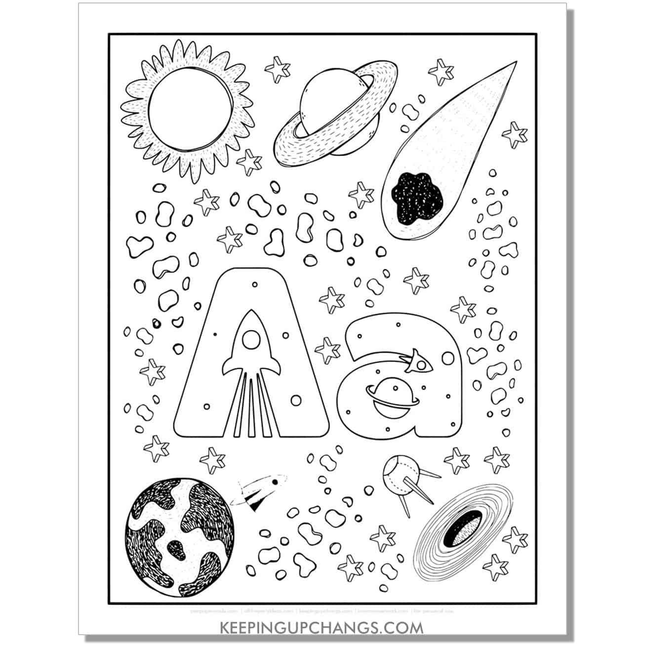 free alphabet letter a coloring page for kids with rockets, space theme.
