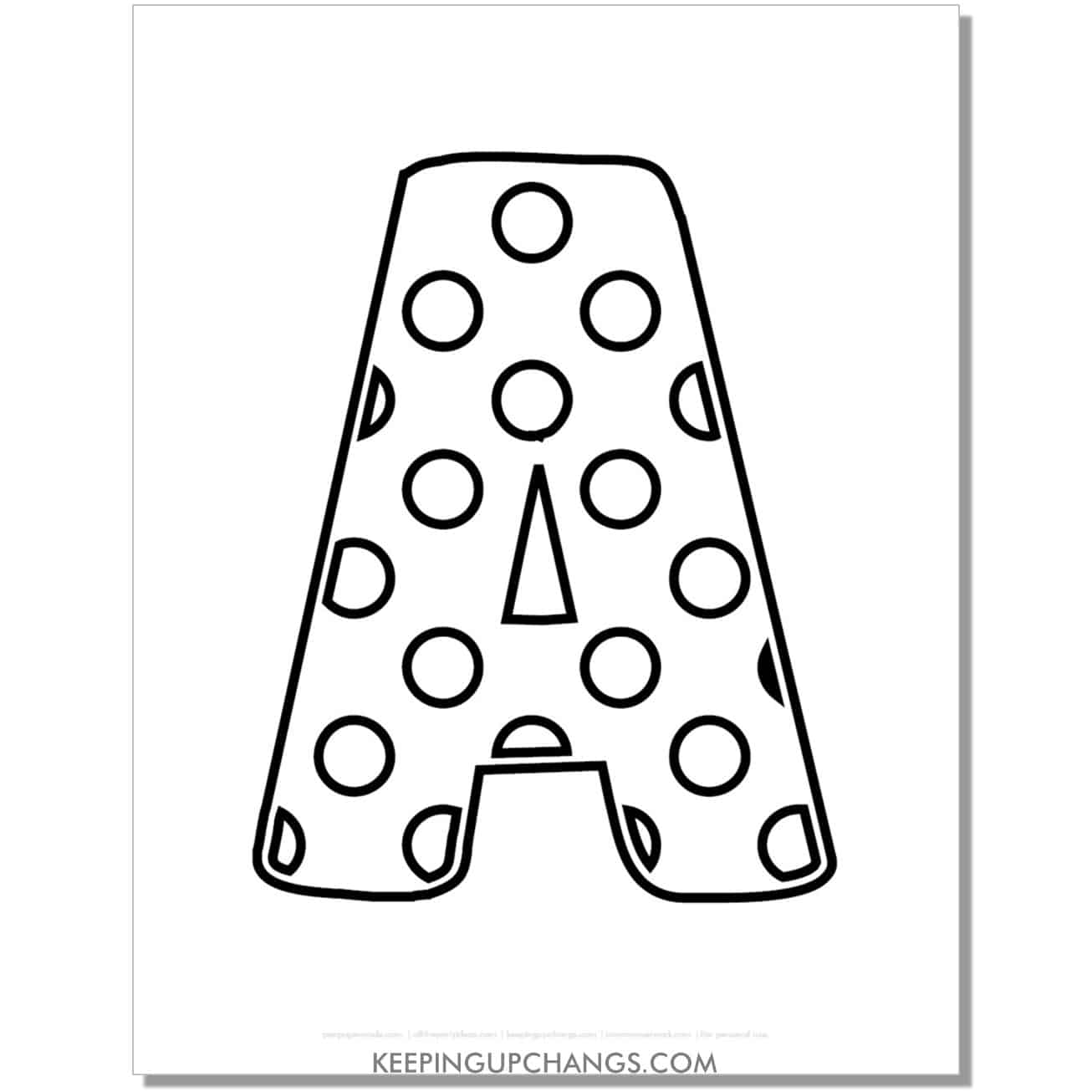 free alphabet letter a coloring page with polka dots for toddlers, preschool, kindergarten.