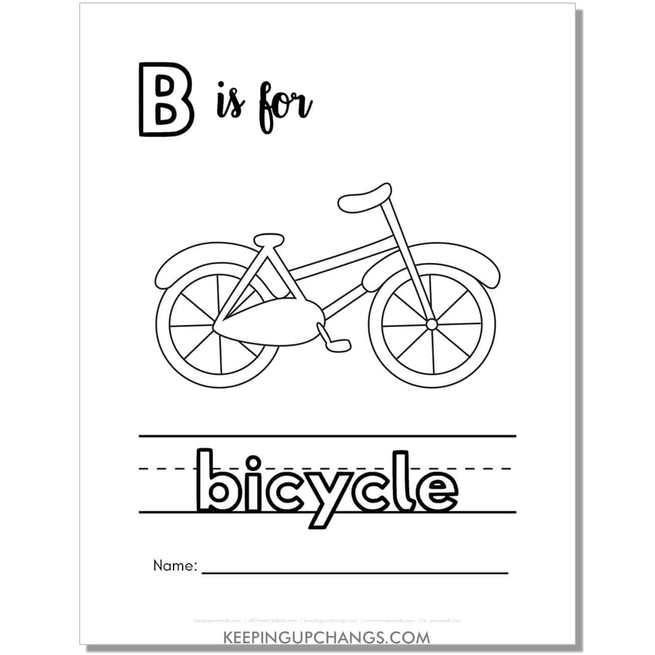 cute letter b coloring page worksheet with bicycle.