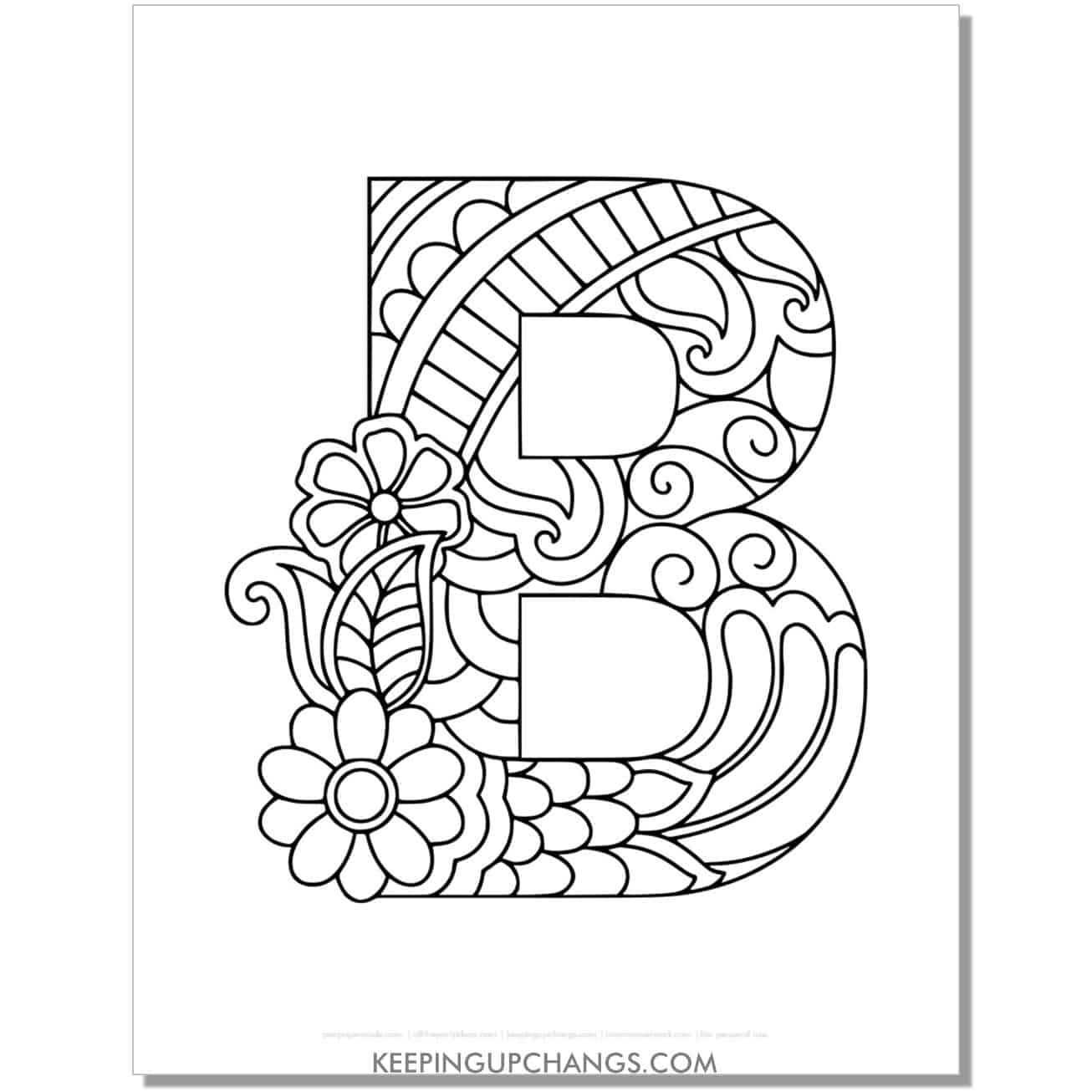 free alphabet b to color, intricate flower mandala zentangle.