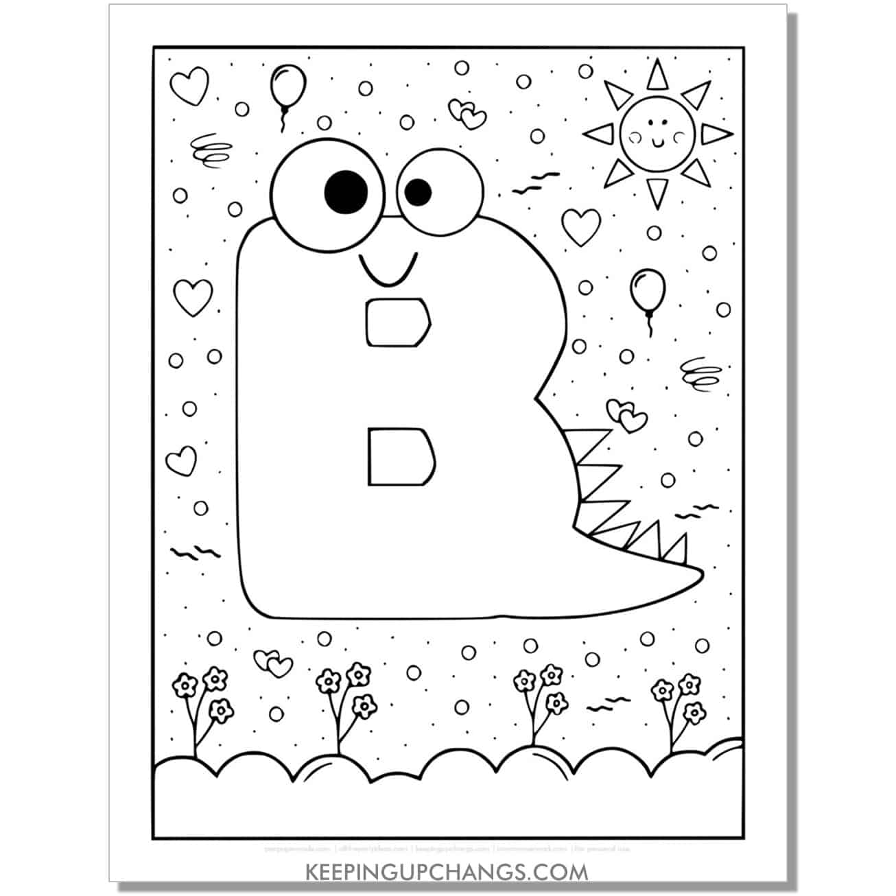 cute b coloring page with monster dinosaur letter.