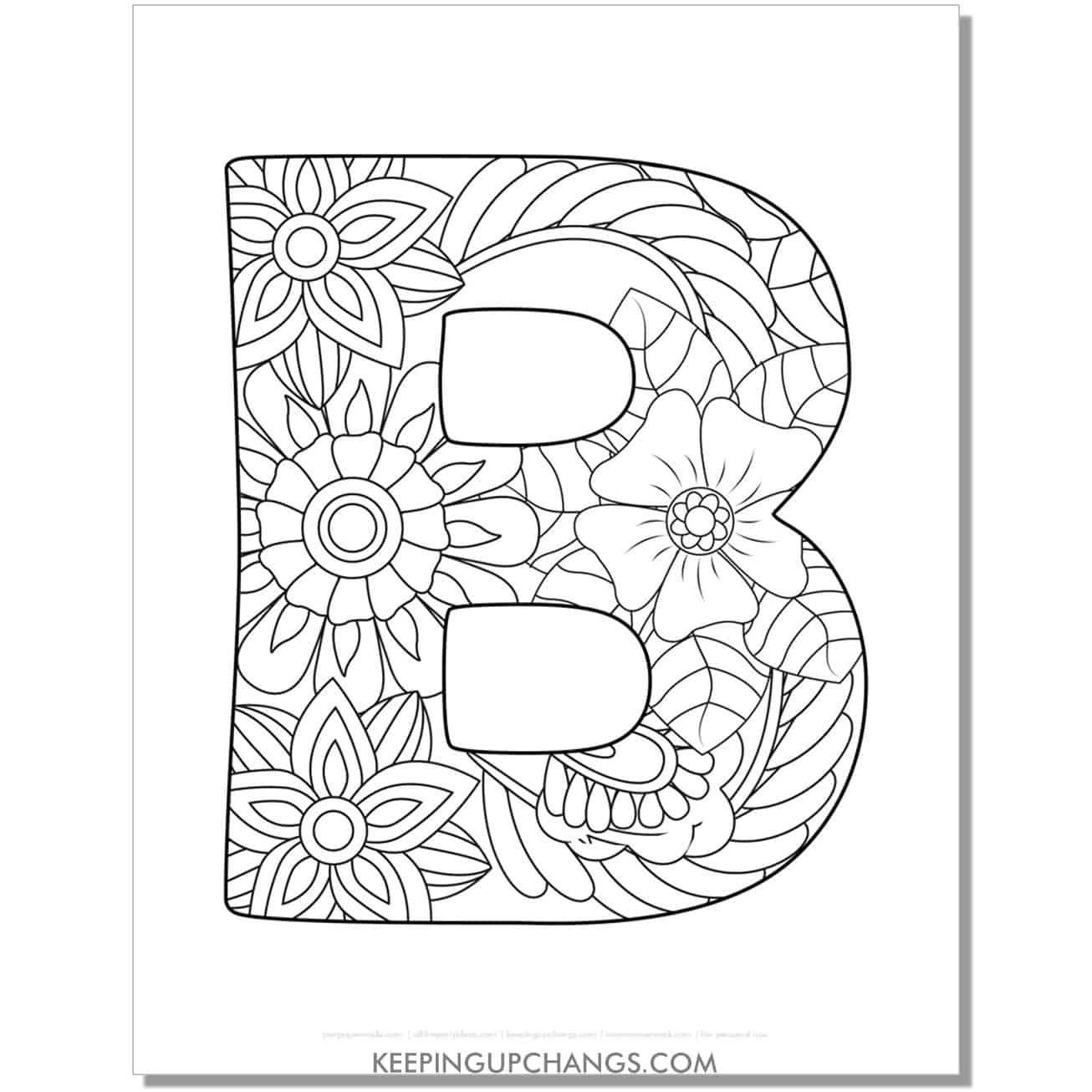 free letter b to color, complex mandala zentangle for adults.