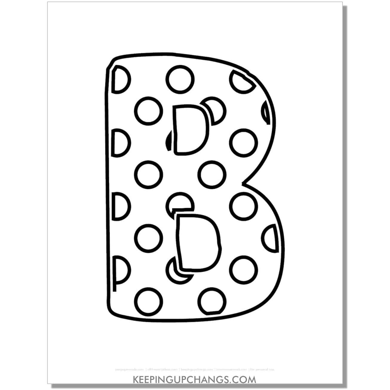 free alphabet letter b coloring page with polka dots for toddlers, preschool, kindergarten.