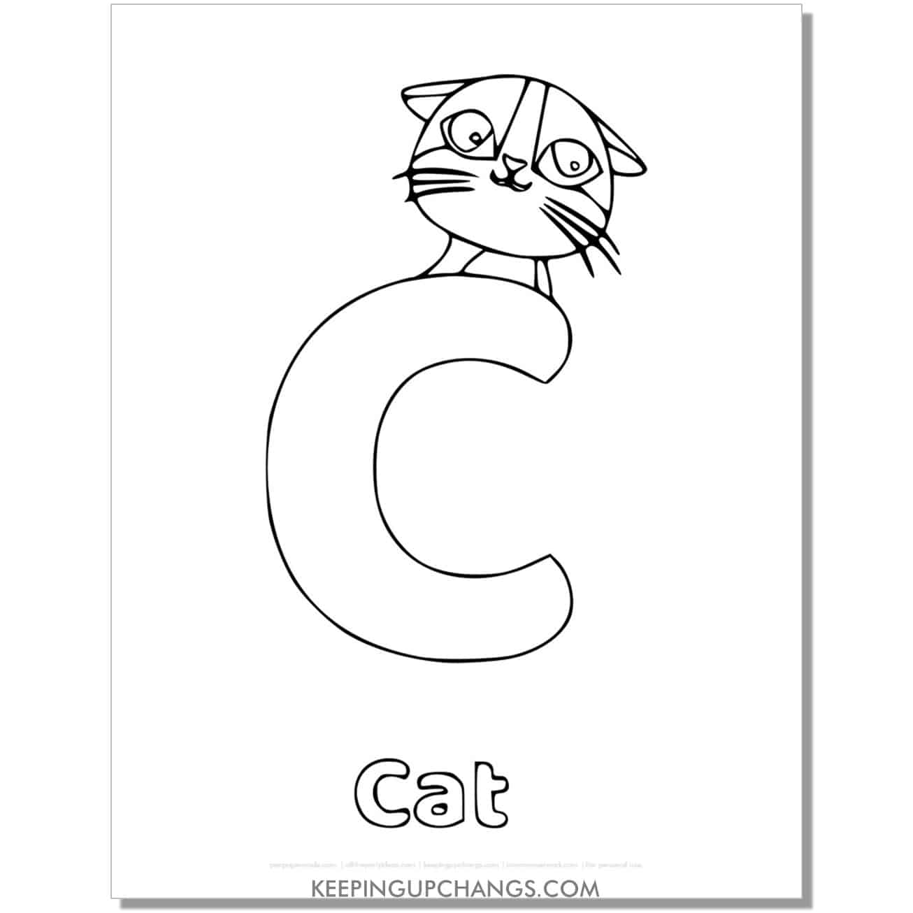 alphabet c coloring worksheet with cat.