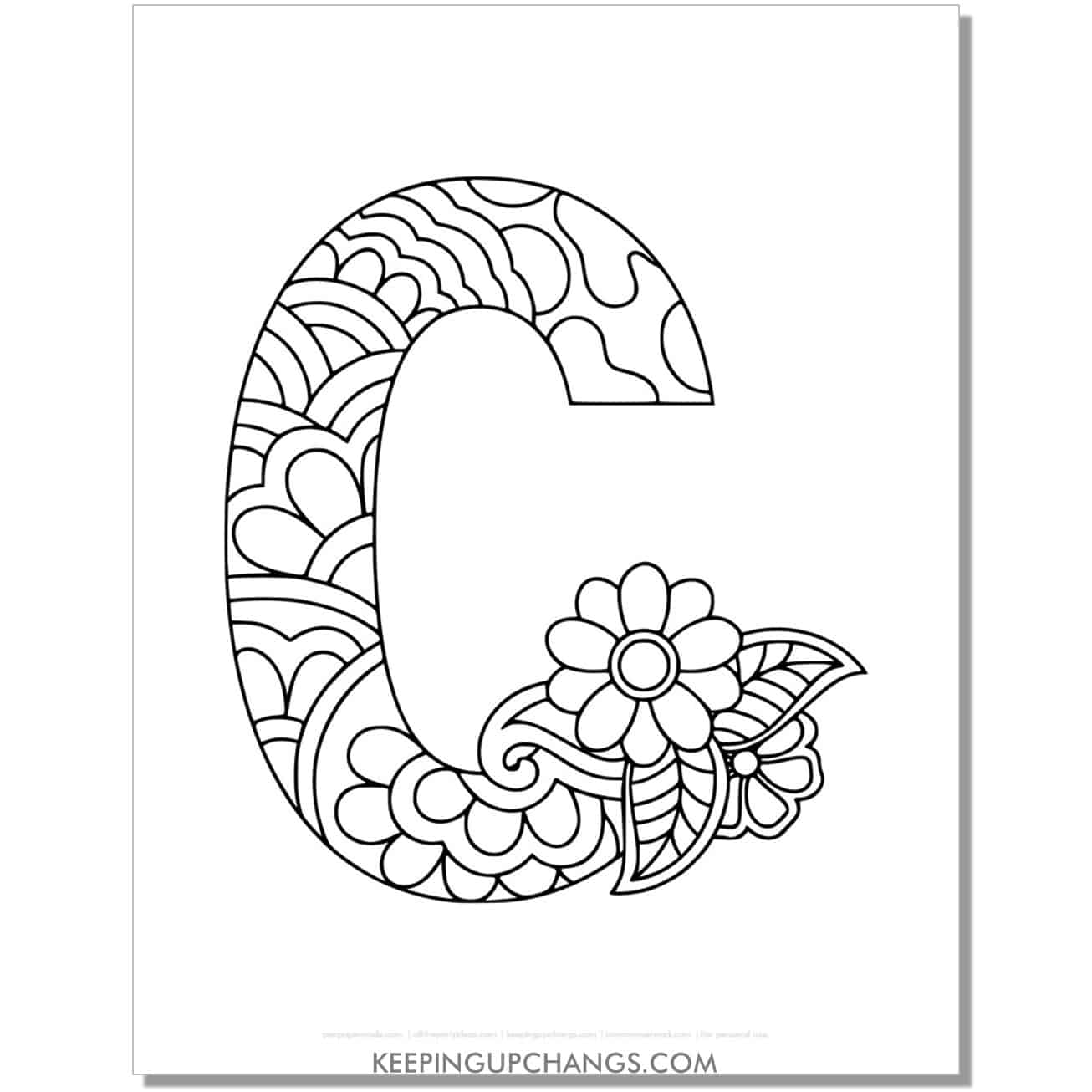 free alphabet c to color, intricate flower mandala zentangle.