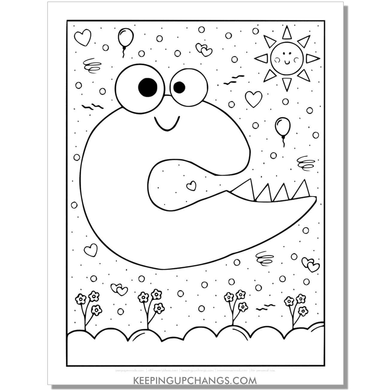 cute c coloring page with monster dinosaur letter.