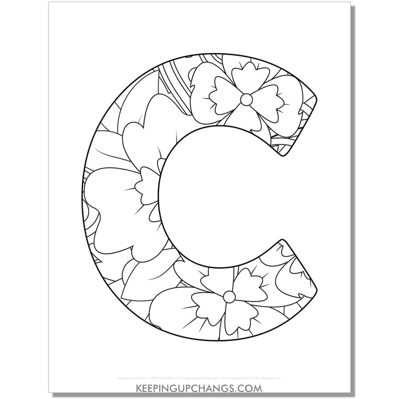free letter c to color, complex mandala zentangle for adults.