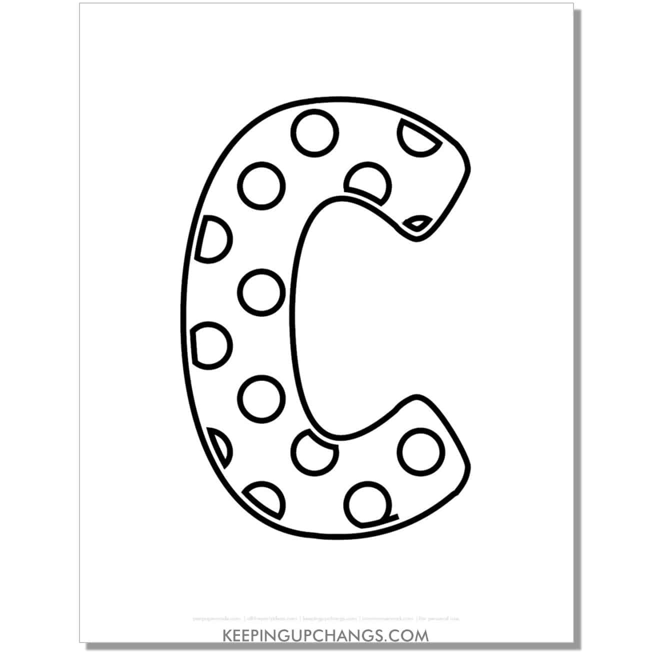 free alphabet letter c coloring page with polka dots for toddlers, preschool, kindergarten.