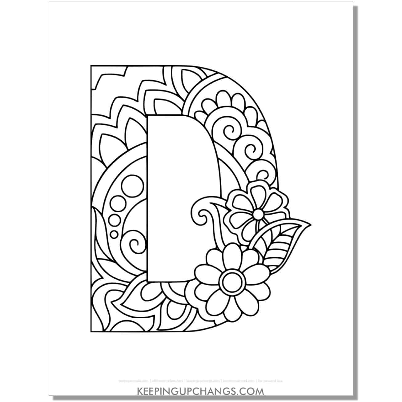 free alphabet d to color, intricate flower mandala zentangle.