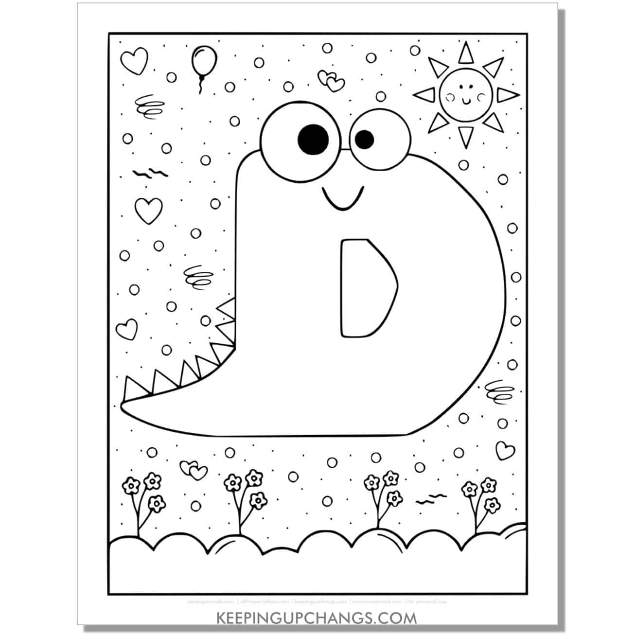 cute d coloring page with monster dinosaur letter.