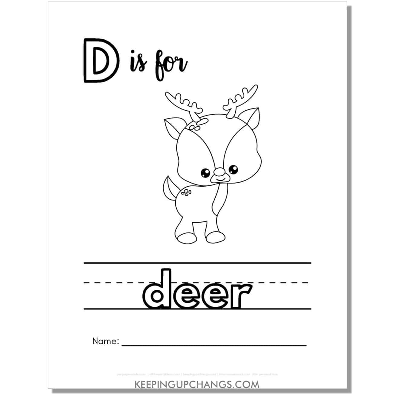 cute letter d coloring page worksheet with deer.