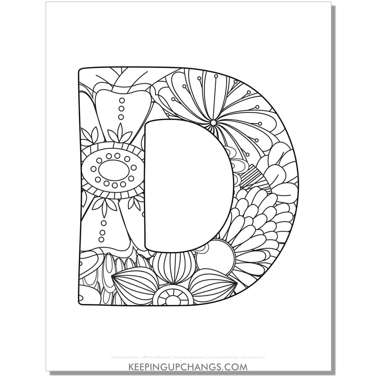 free letter d to color, complex mandala zentangle for adults.