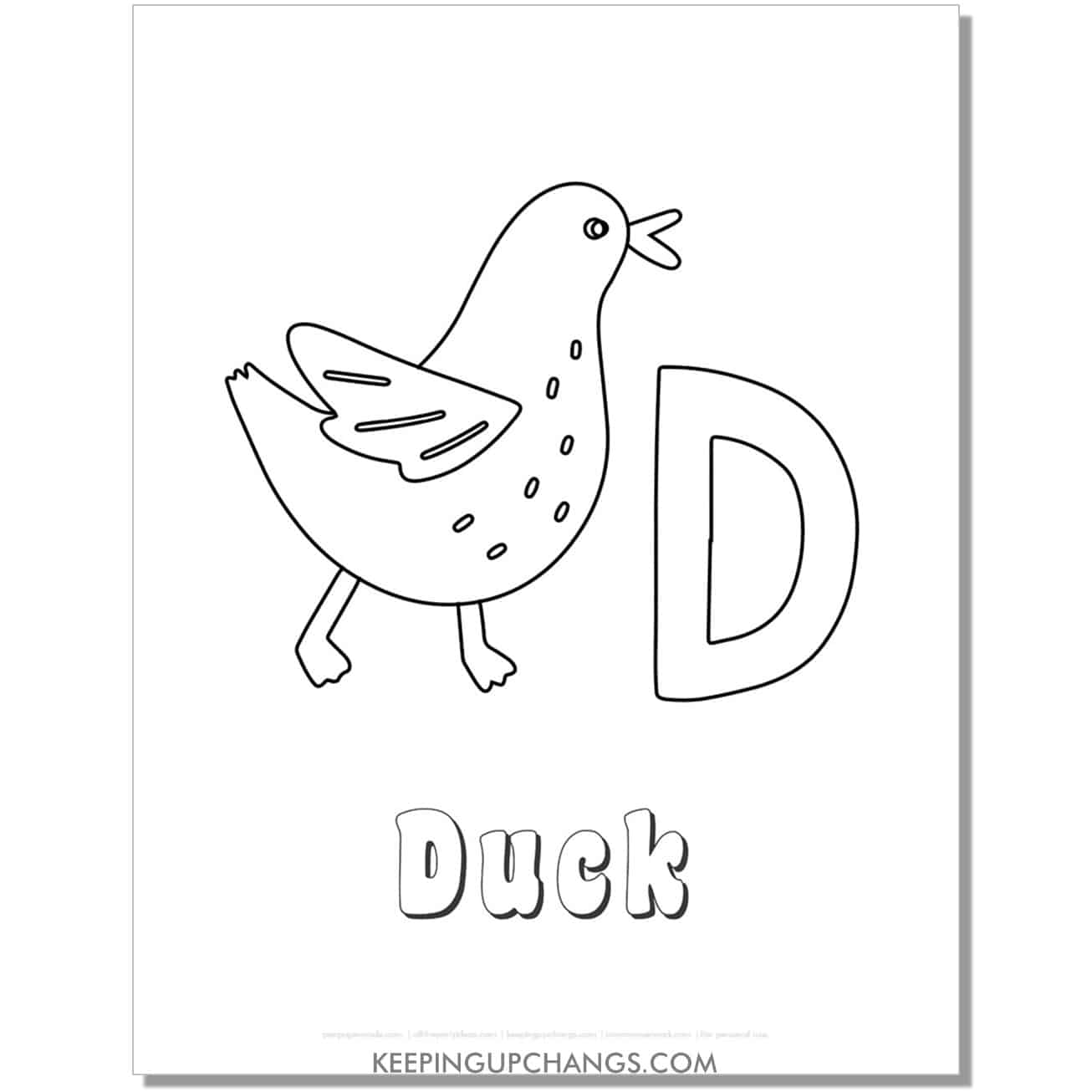 fun abc d coloring page with duck hand drawing.