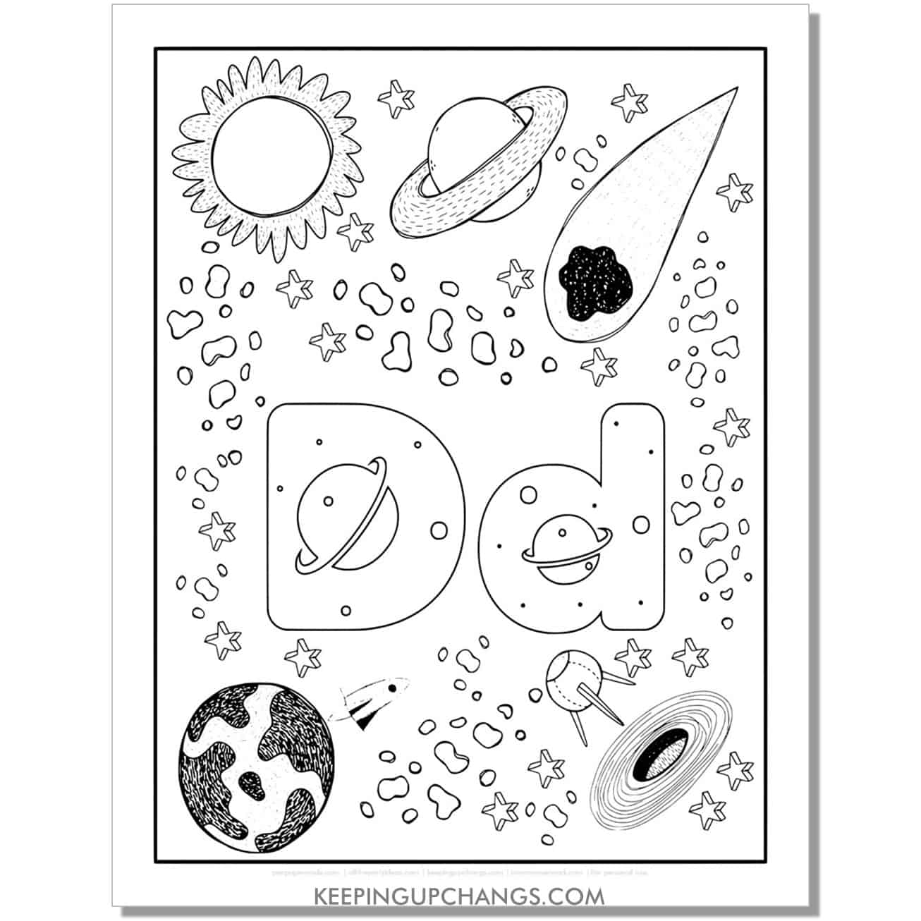 free alphabet letter d coloring page for kids with rockets, space theme.