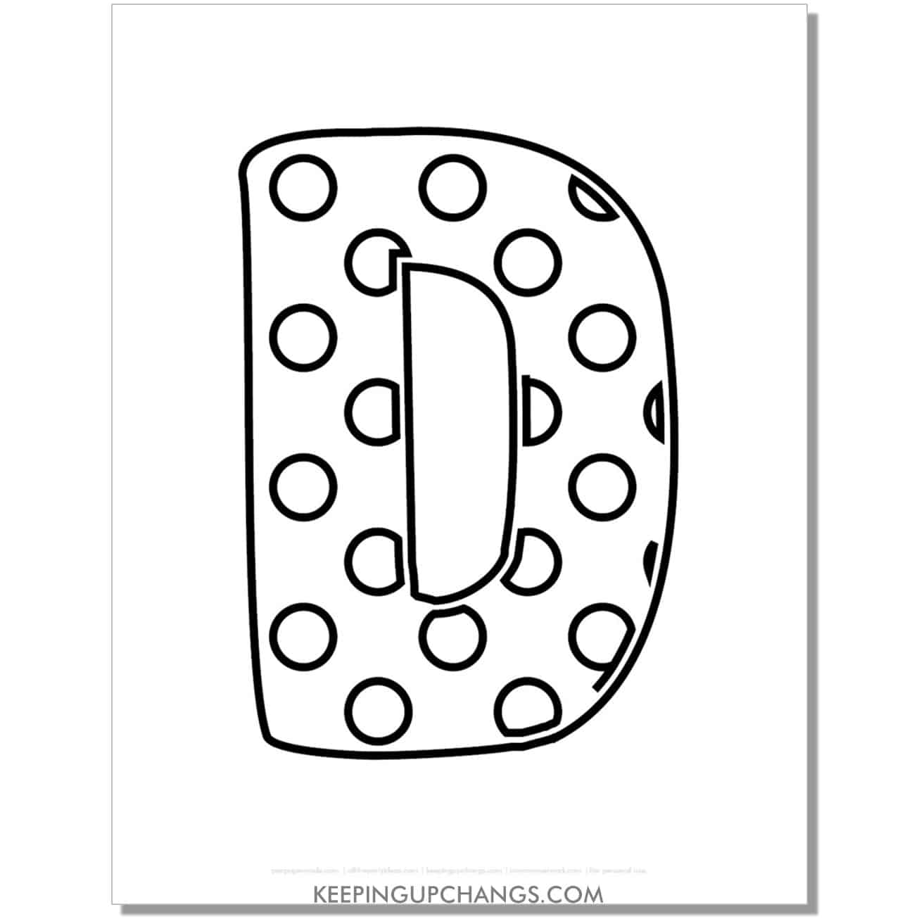 free alphabet letter d coloring page with polka dots for toddlers, preschool, kindergarten.