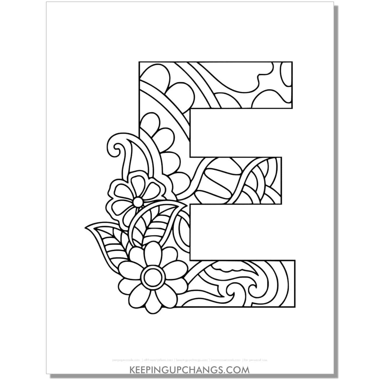 free alphabet e to color, intricate flower mandala zentangle.