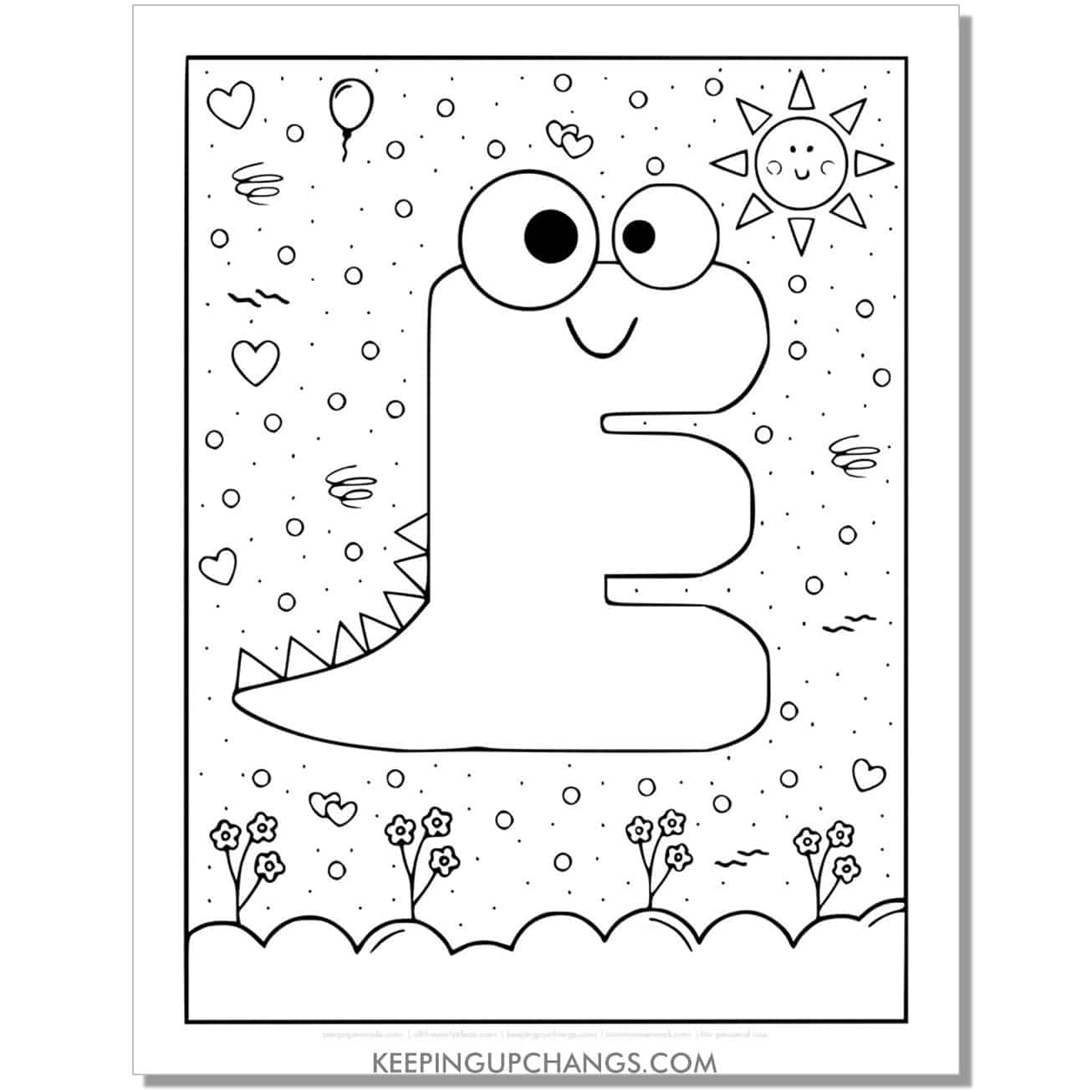 cute e coloring page with monster dinosaur letter.